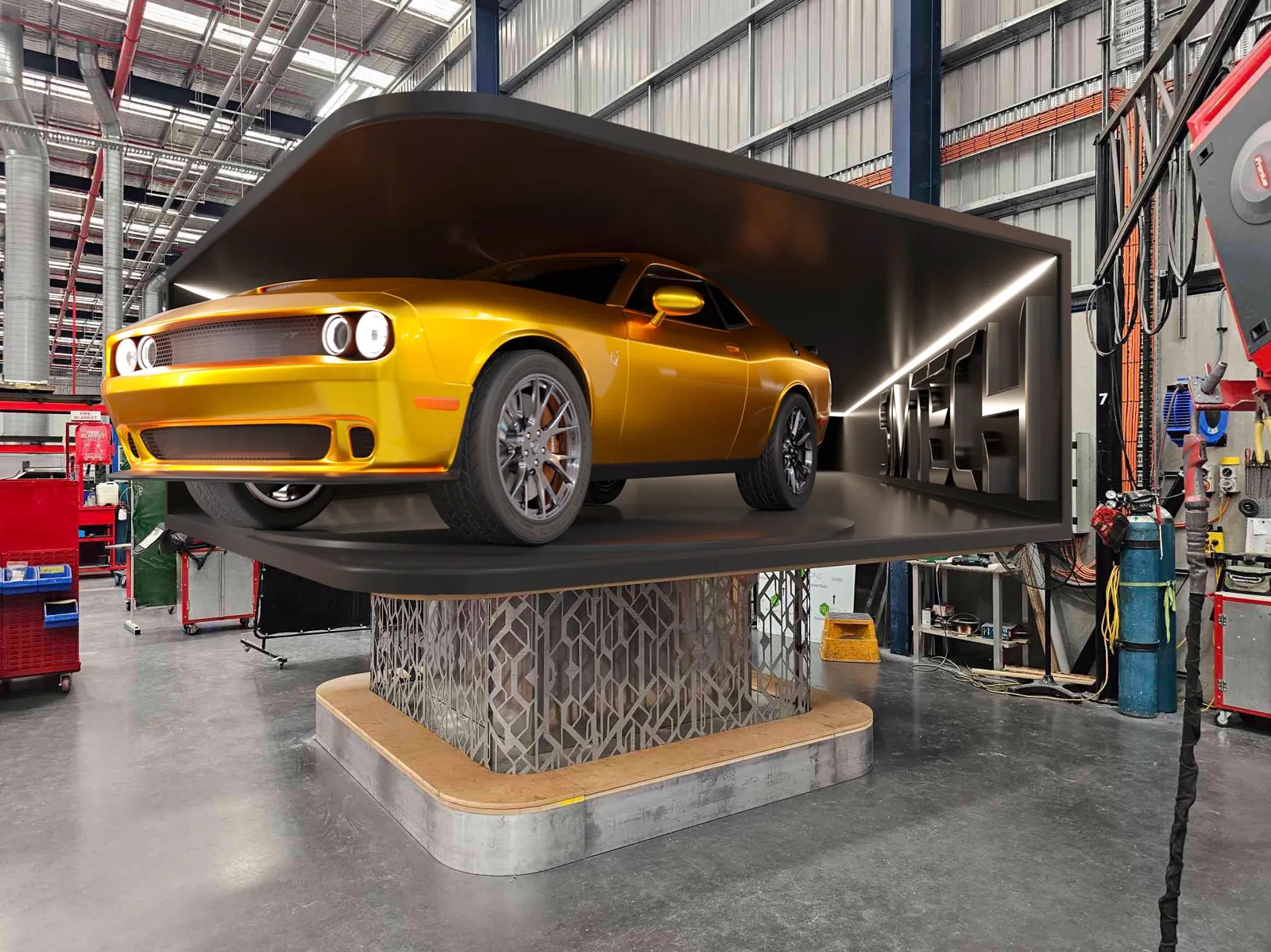 Mockup 3D sobreposto à estrutura do ecrã na fábrica da Simtech